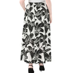 White And Black Lily Pattern Print Chiffon Maxi Skirt