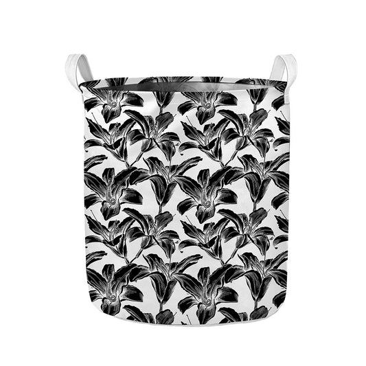 White And Black Lily Pattern Print Collapsible Laundry Basket