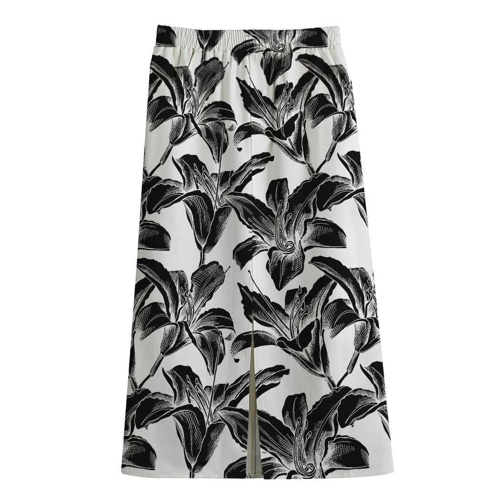 White And Black Lily Pattern Print Cotton Front Slit Maxi Skirt