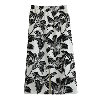White And Black Lily Pattern Print Cotton Front Slit Maxi Skirt