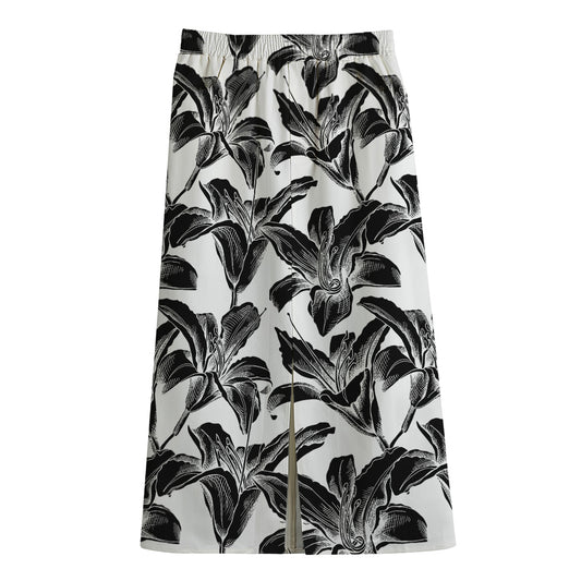 White And Black Lily Pattern Print Cotton Front Slit Maxi Skirt
