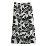 White And Black Lily Pattern Print Cotton Front Slit Maxi Skirt