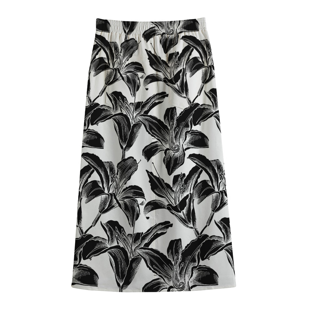 White And Black Lily Pattern Print Cotton Front Slit Maxi Skirt