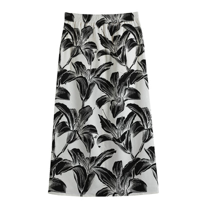 White And Black Lily Pattern Print Cotton Front Slit Maxi Skirt
