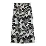 White And Black Lily Pattern Print Cotton Front Slit Maxi Skirt