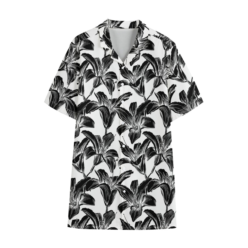 White And Black Lily Pattern Print Cotton Hawaiian Shirt