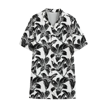 White And Black Lily Pattern Print Cotton Hawaiian Shirt