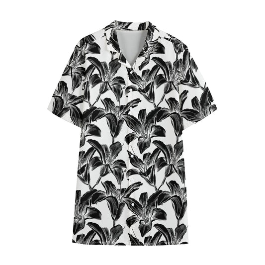White And Black Lily Pattern Print Cotton Hawaiian Shirt