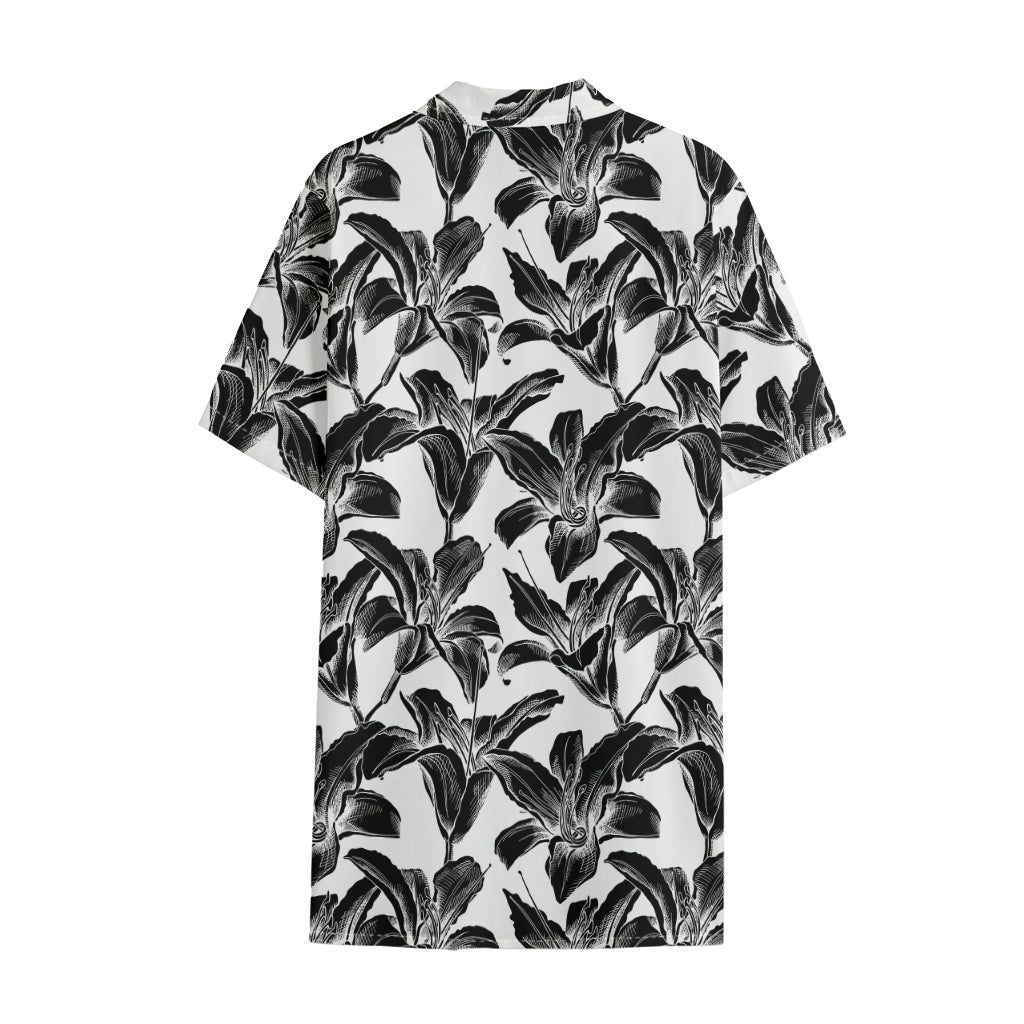 White And Black Lily Pattern Print Cotton Hawaiian Shirt