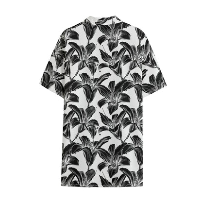 White And Black Lily Pattern Print Cotton Hawaiian Shirt