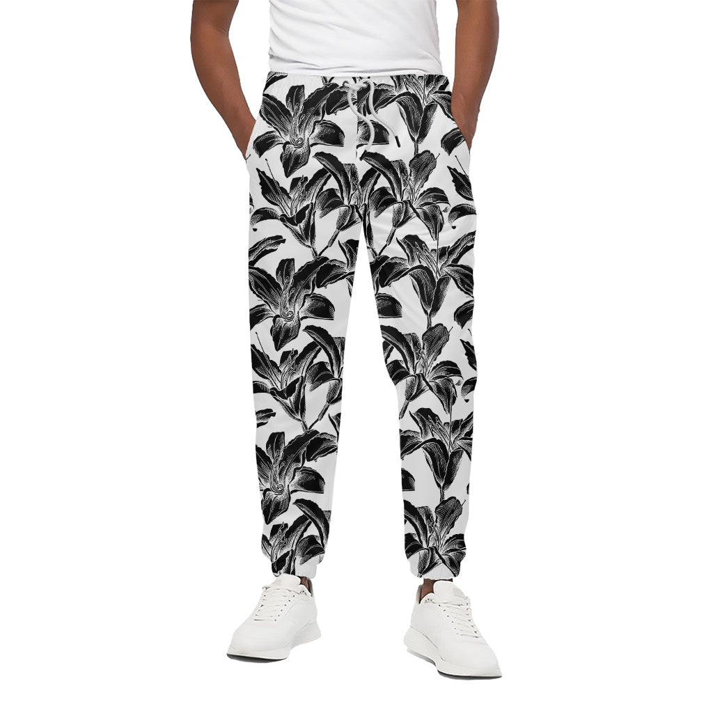White And Black Lily Pattern Print Cotton Pants