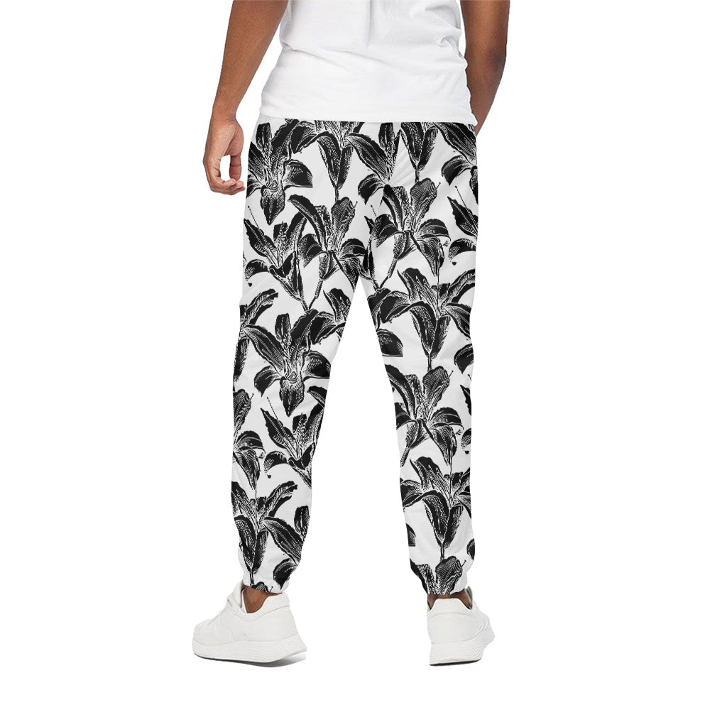 White And Black Lily Pattern Print Cotton Pants