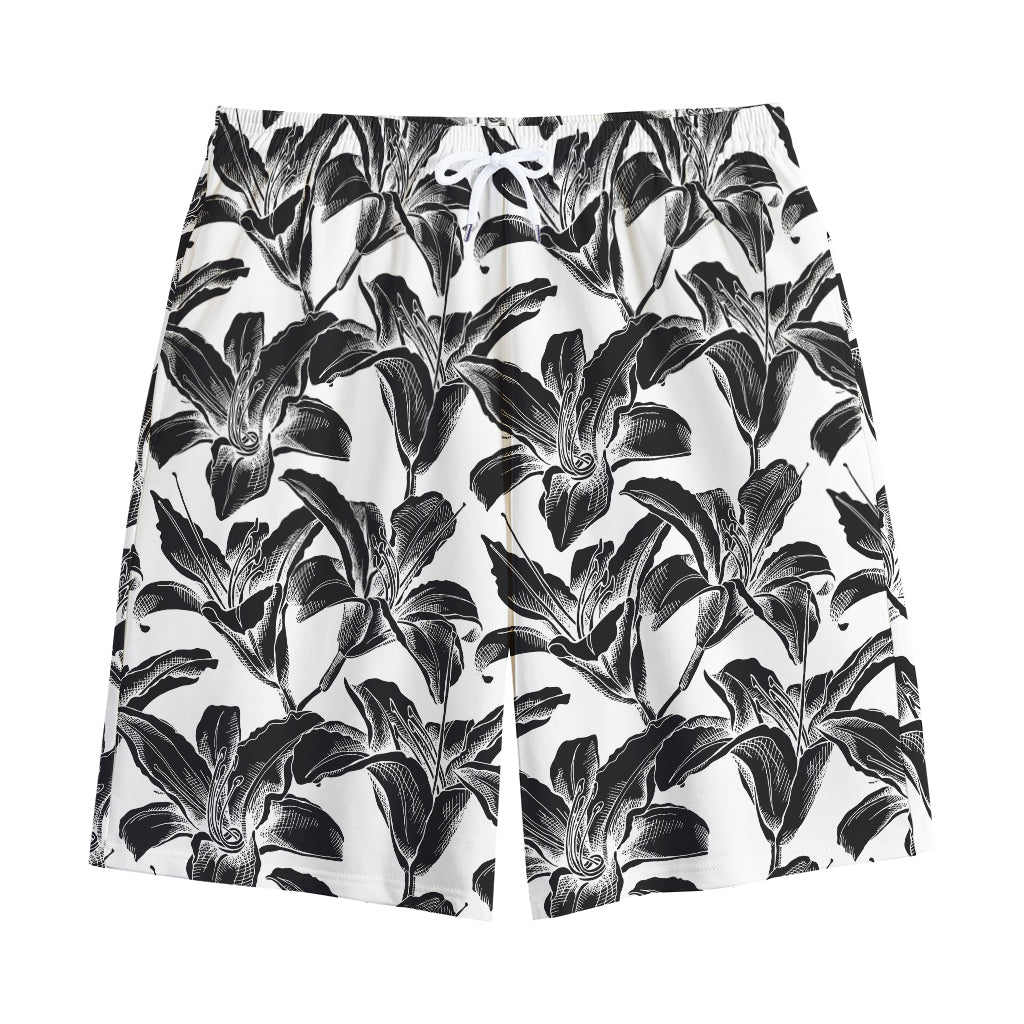 White And Black Lily Pattern Print Cotton Shorts