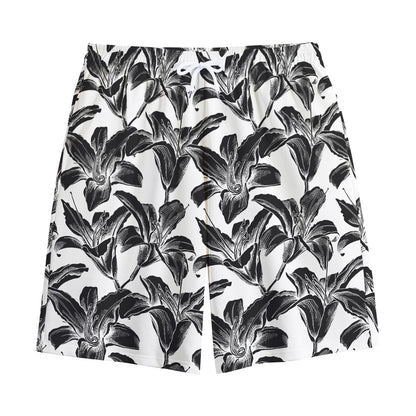 White And Black Lily Pattern Print Cotton Shorts