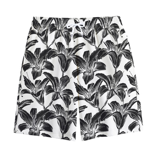 White And Black Lily Pattern Print Cotton Shorts
