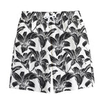 White And Black Lily Pattern Print Cotton Shorts