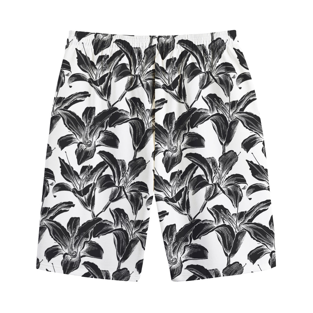 White And Black Lily Pattern Print Cotton Shorts