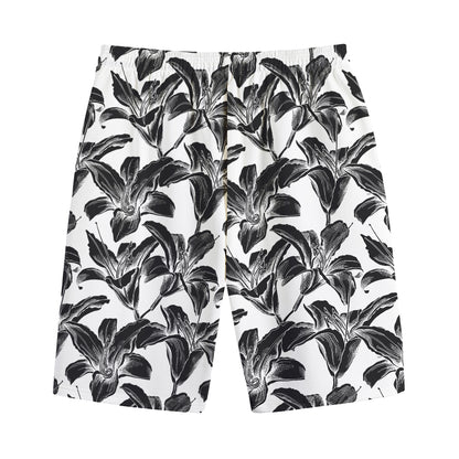 White And Black Lily Pattern Print Cotton Shorts