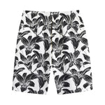White And Black Lily Pattern Print Cotton Shorts