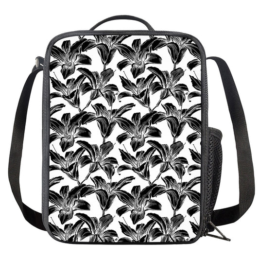 White And Black Lily Pattern Print Crossbody Lunch Bag