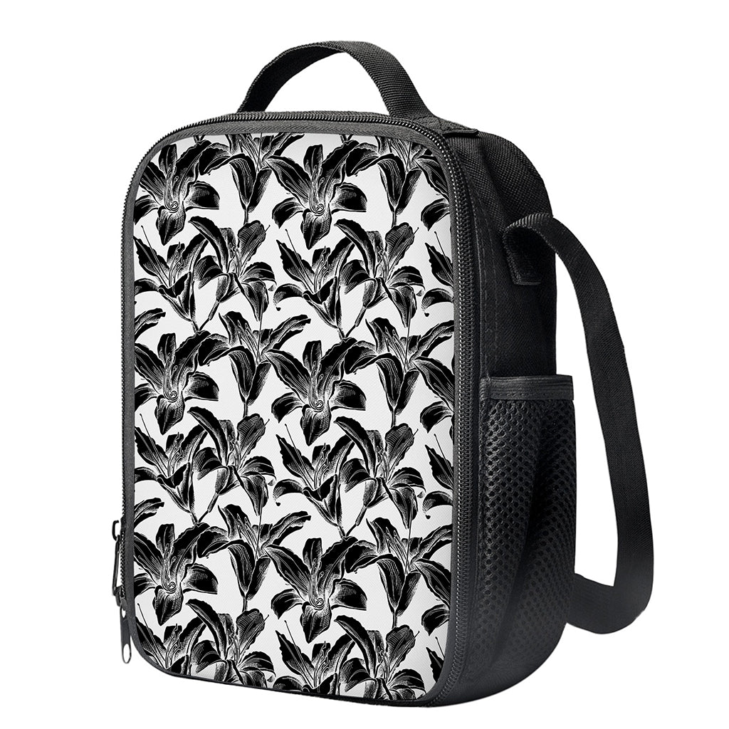 White And Black Lily Pattern Print Crossbody Lunch Bag