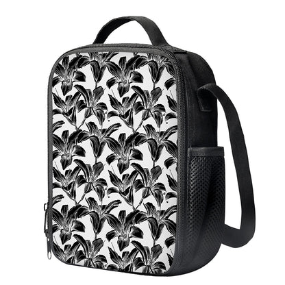 White And Black Lily Pattern Print Crossbody Lunch Bag