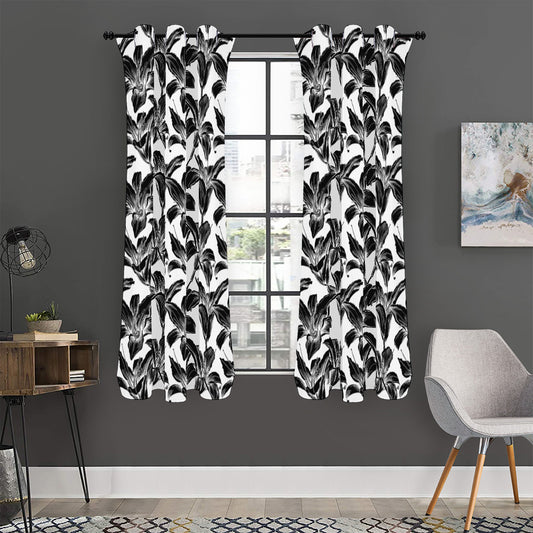 White And Black Lily Pattern Print Curtain