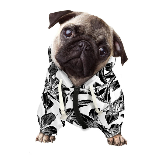 White And Black Lily Pattern Print Dog Zip Up Hoodie