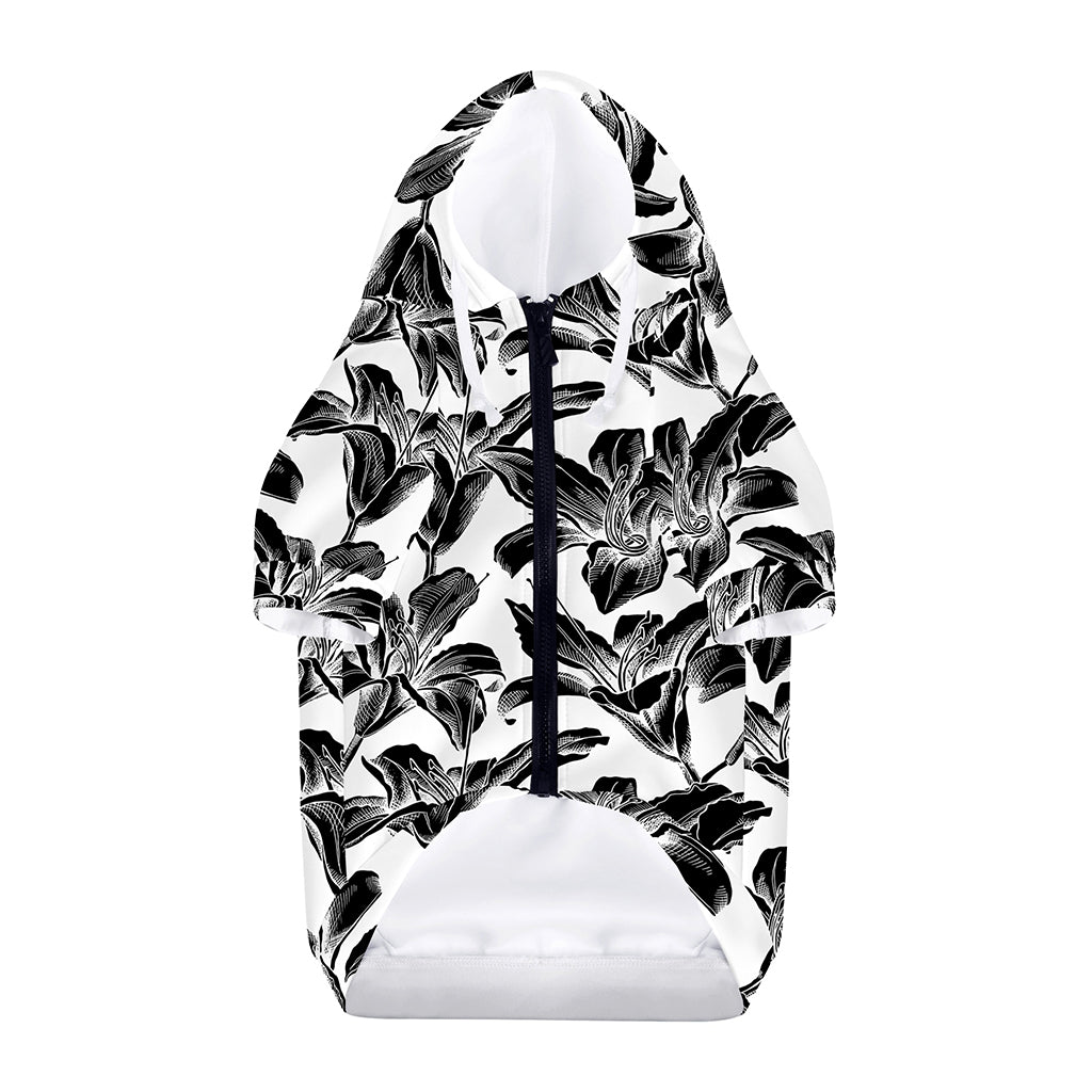 White And Black Lily Pattern Print Dog Zip Up Hoodie