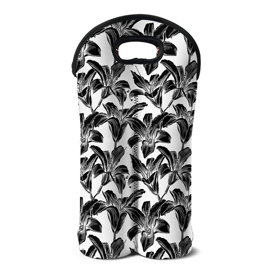 White And Black Lily Pattern Print Double Neoprene Wine Tote
