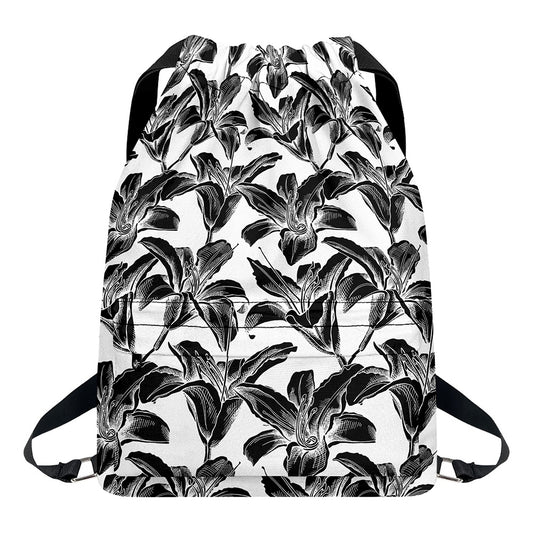 White And Black Lily Pattern Print Drawstring Backpack