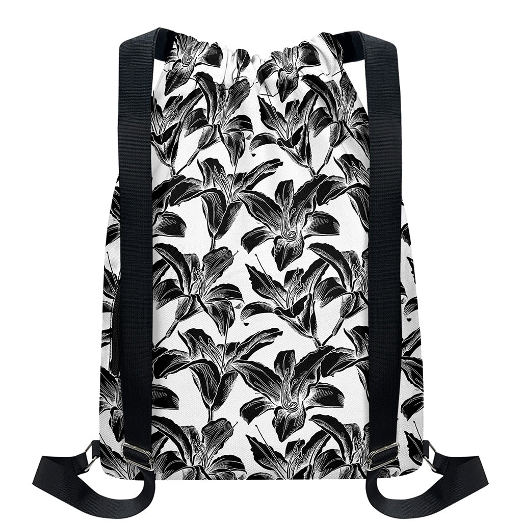 White And Black Lily Pattern Print Drawstring Backpack