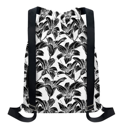 White And Black Lily Pattern Print Drawstring Backpack