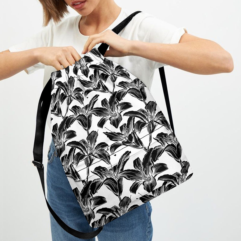 White And Black Lily Pattern Print Drawstring Backpack