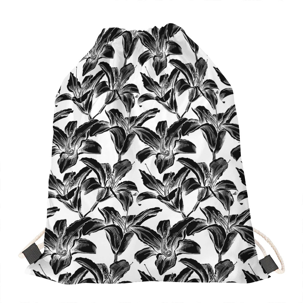 White And Black Lily Pattern Print Drawstring Bag