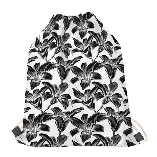 White And Black Lily Pattern Print Drawstring Bag