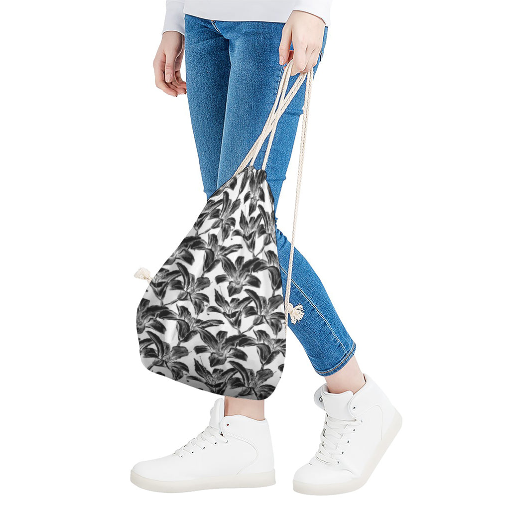 White And Black Lily Pattern Print Drawstring Bag
