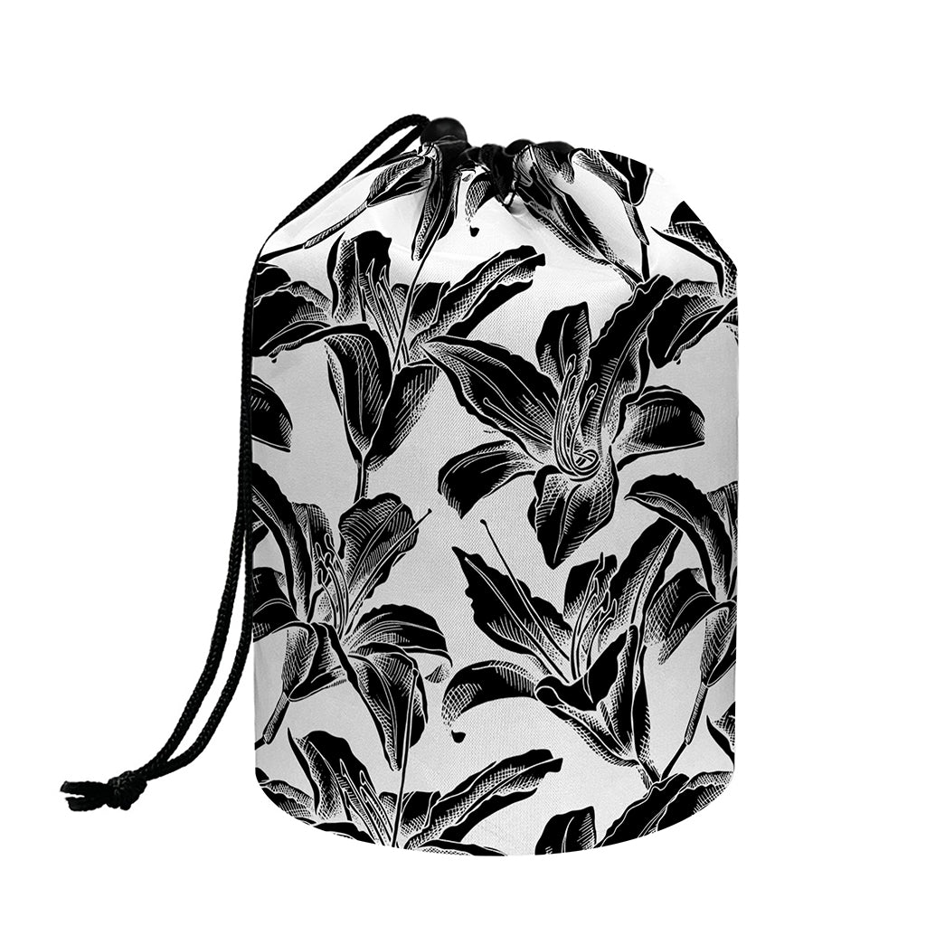 White And Black Lily Pattern Print Drawstring Makeup Bag