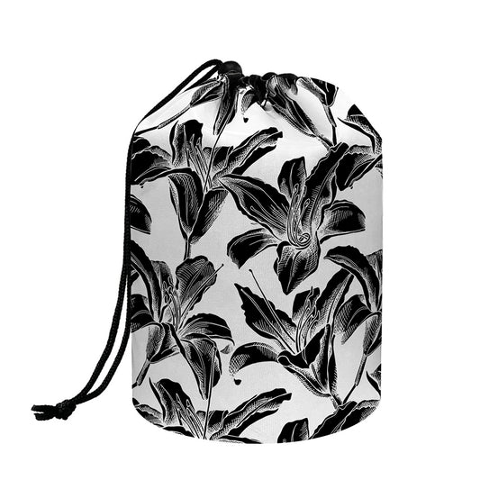 White And Black Lily Pattern Print Drawstring Makeup Bag