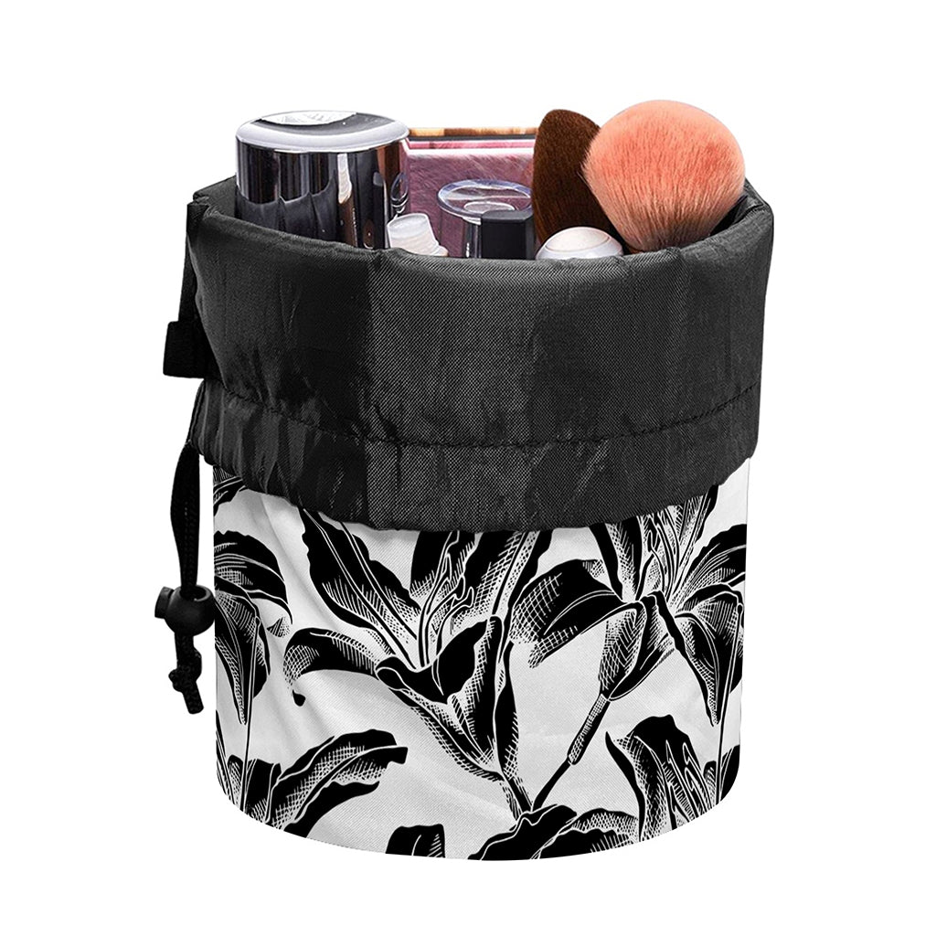 White And Black Lily Pattern Print Drawstring Makeup Bag