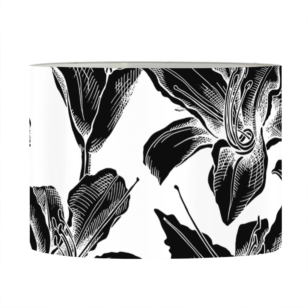 White And Black Lily Pattern Print Drum Lamp Shade
