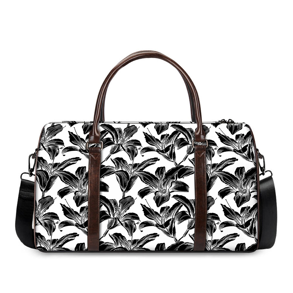 White And Black Lily Pattern Print Duffle Bag