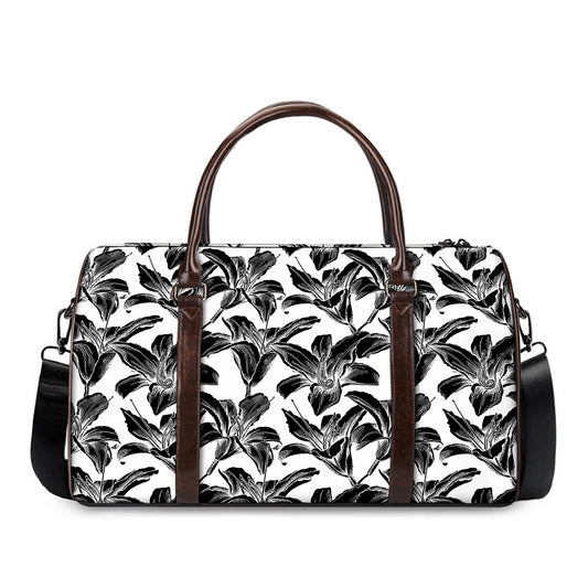 White And Black Lily Pattern Print Duffle Bag