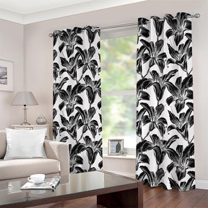 White And Black Lily Pattern Print Extra Wide Grommet Curtains