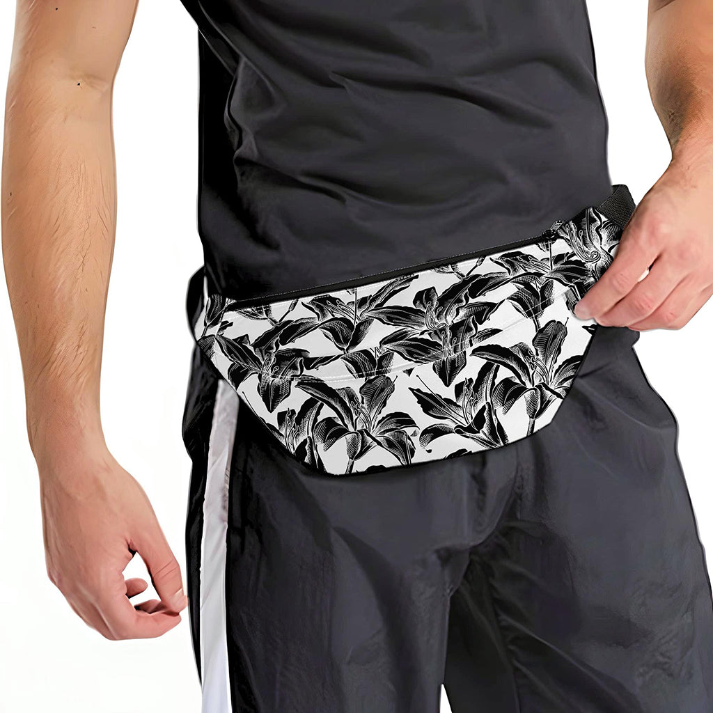 White And Black Lily Pattern Print Fanny Pack