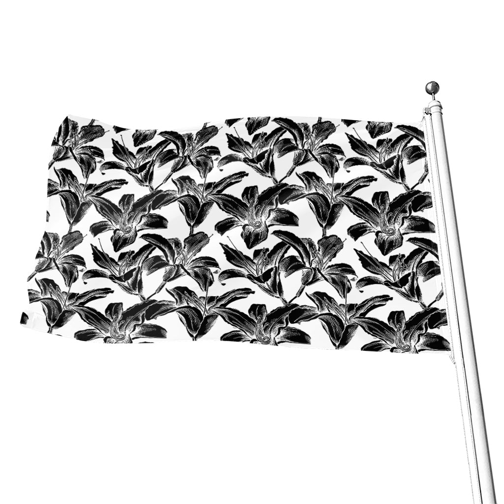 White And Black Lily Pattern Print Flag