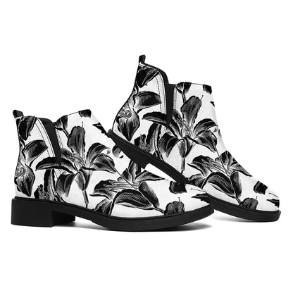 White And Black Lily Pattern Print Flat Ankle Boots
