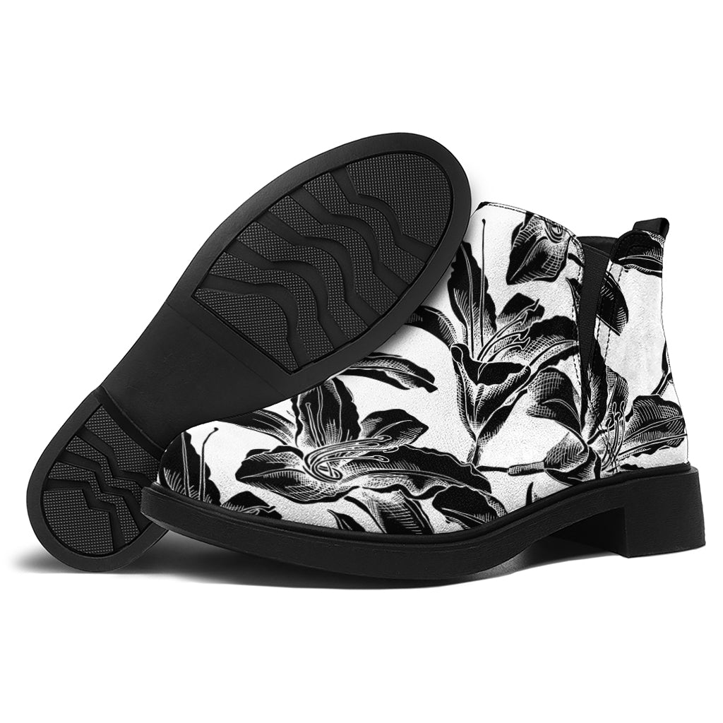 White And Black Lily Pattern Print Flat Ankle Boots