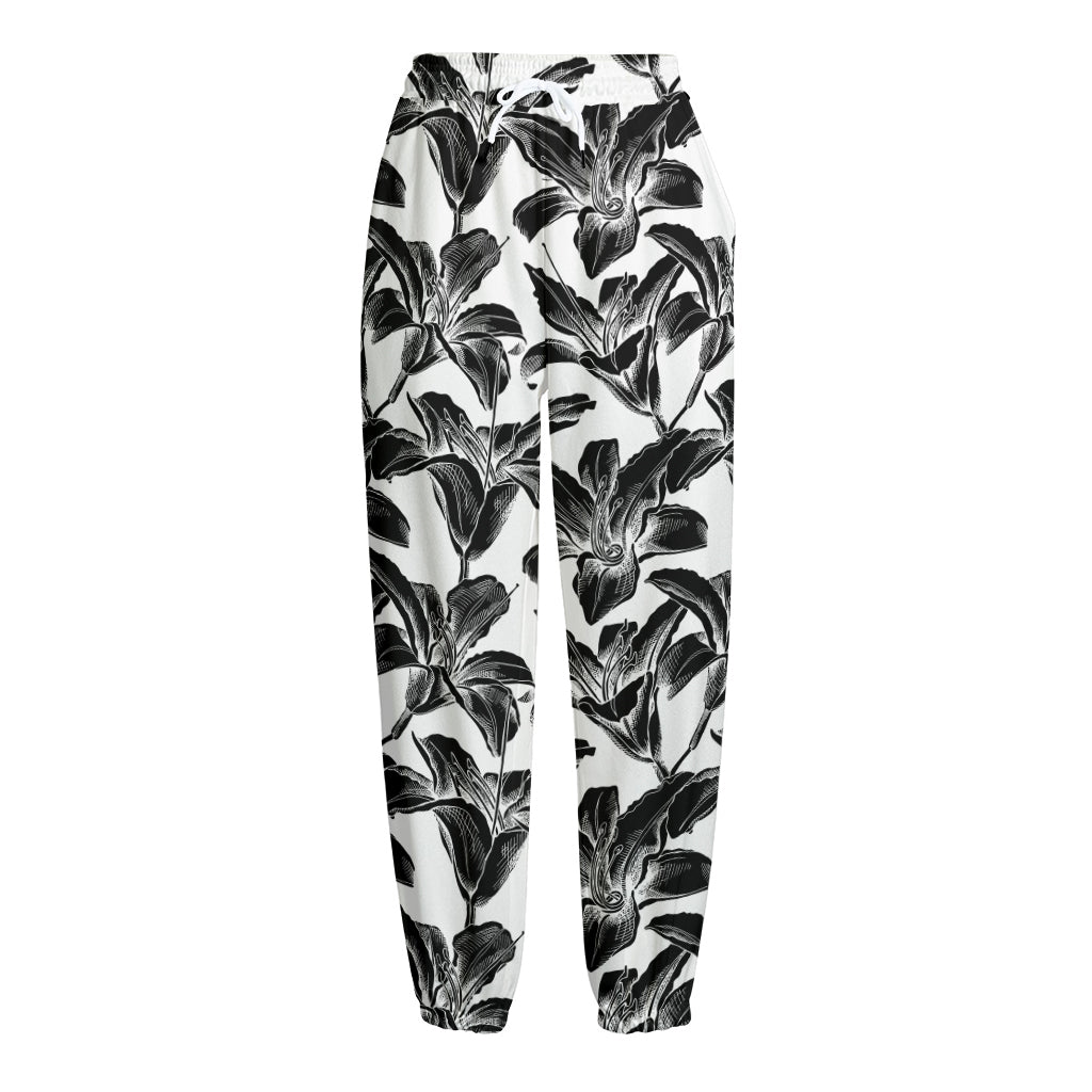 White And Black Lily Pattern Print Fleece Lined Knit Pants