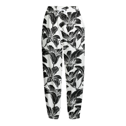 White And Black Lily Pattern Print Fleece Lined Knit Pants